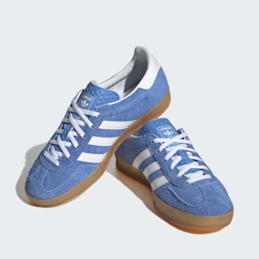 adidas Women's Blue Suede Sneakers with White Stripes and Gum Sole